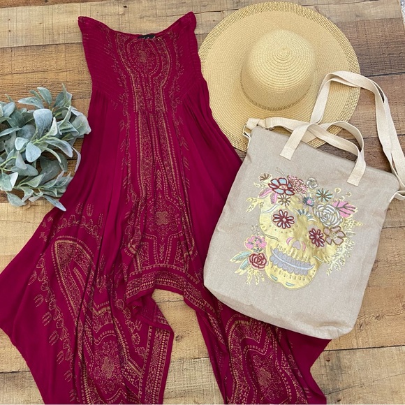 Strapless Dress w/Handkerchief Hem in Dark Pink + Gold - Picture 7 of 9